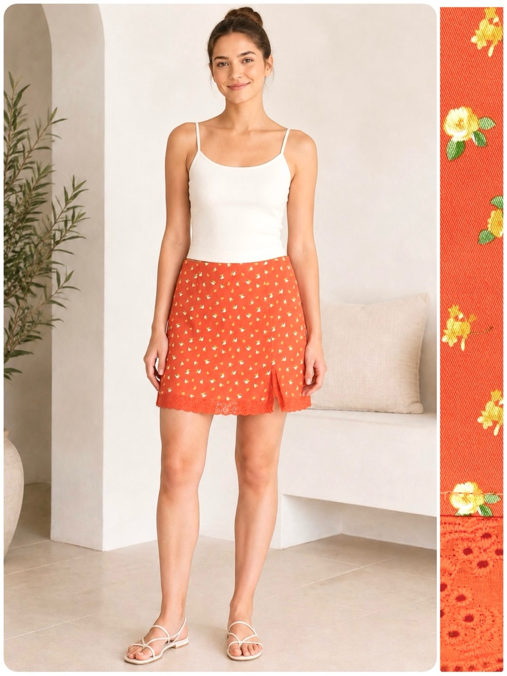Lulus Floral Mini Skirt Side Slit Eyelet Lace Scalloped Trim Along The Hem Ditsy